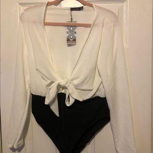 Woven Tie Front Bodysuit